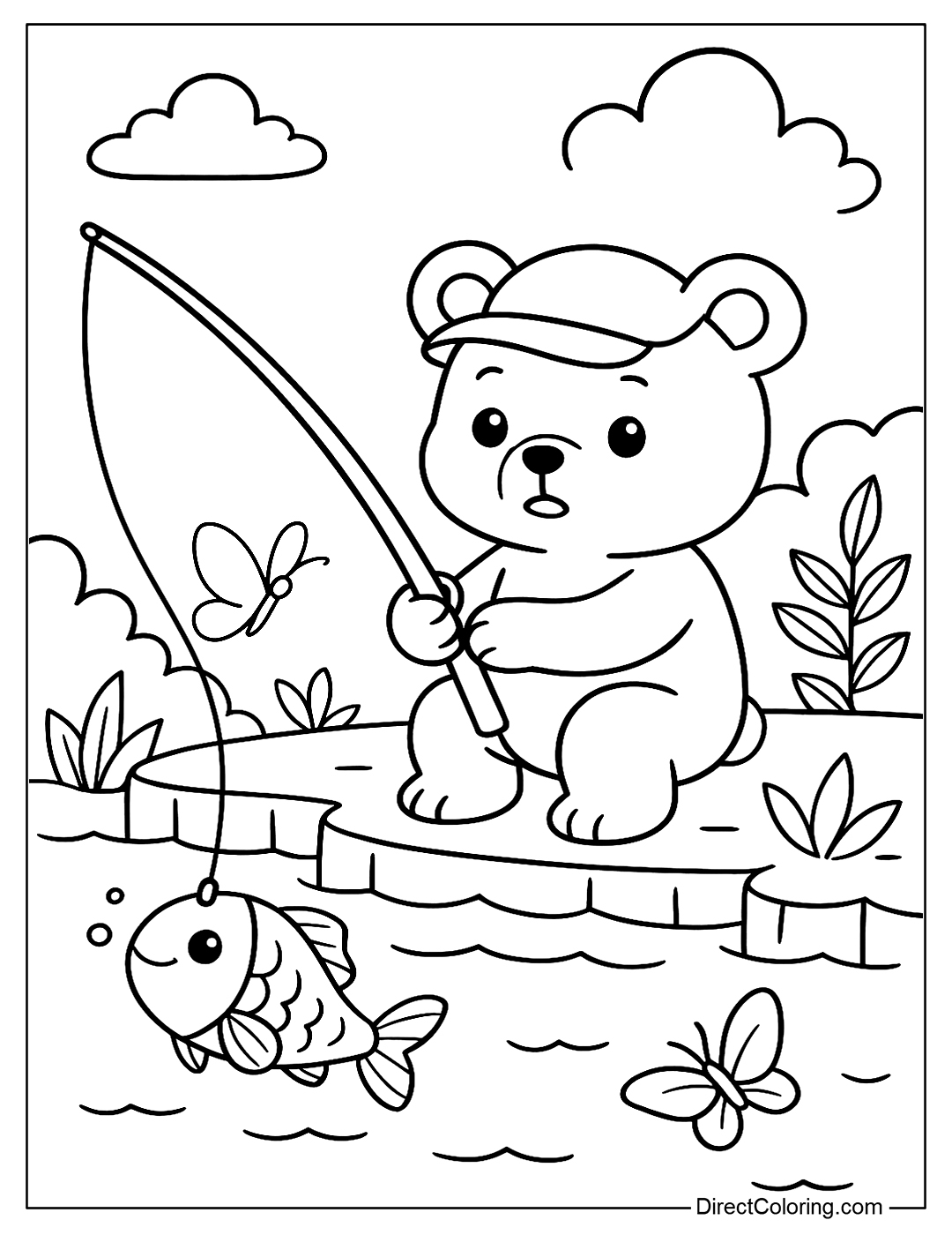 Coloring page of a little bear holding a fishing rod, fish pulling the line under the water.